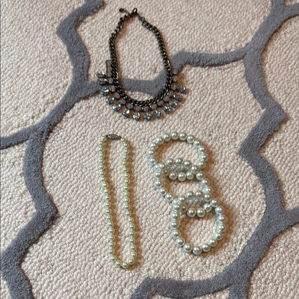 Elegant Pearl Necklace Bracelet Set & Rhinestone Necklace